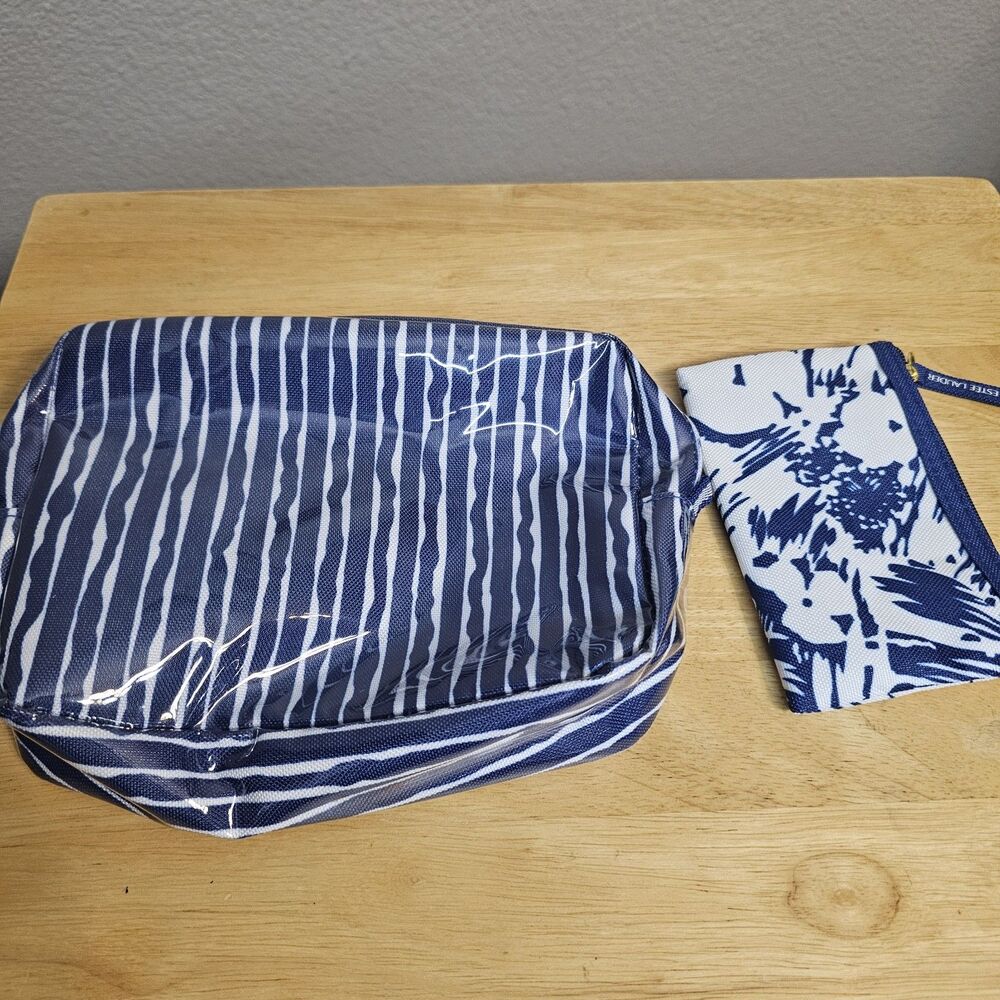 Estée Lauder 2 Pc Blue Stripe Floral Cosmetic Makeup Travel Bag Set NWOT FF792